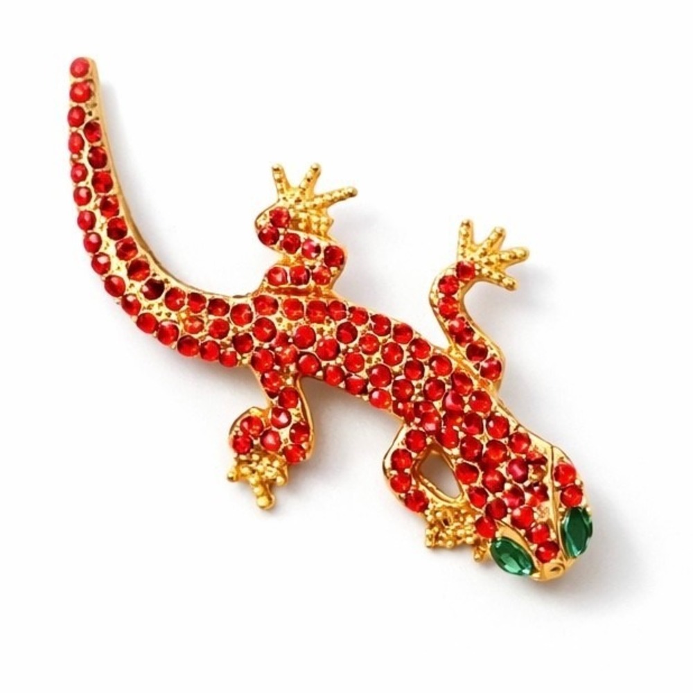 Red Rhinestone Lizard W/ Green Eyes Brooch Gold Tone Metal Accent Pin 2"
